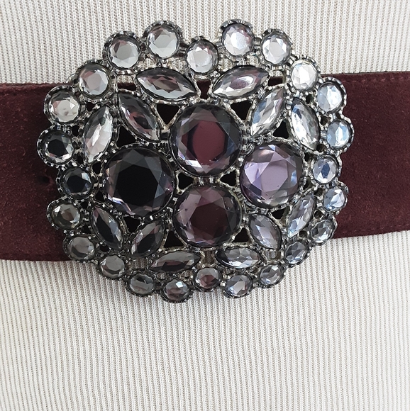 ABACO Paris Crystal Buckle Burgundy Suede Belt Made in France Sz L - Vtg - Picture 2 of 6